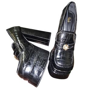 SHEIN Chic Black Croc-Patterned Chunky Heel Shoes